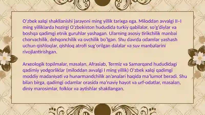 O‘zbek xalqi etnologiyasi: qadimgi va o‘rta asrlarda 2