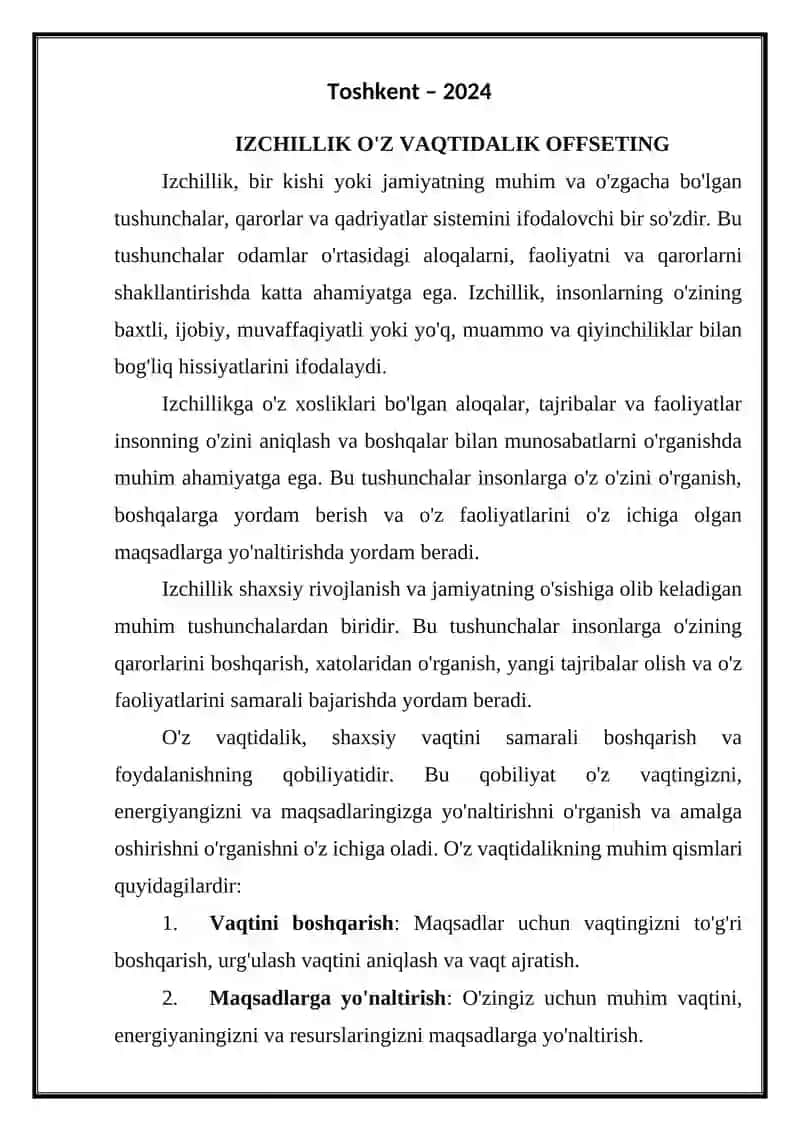 IZCHILLIK O'Z VAQTIDALIK OFFSETING 2