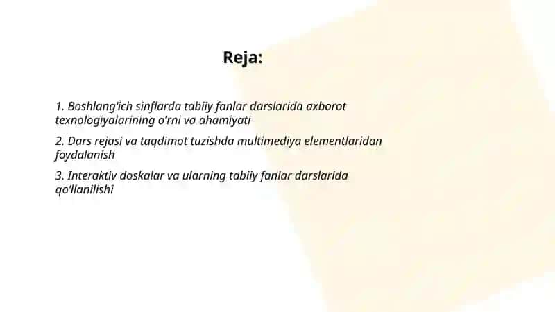 Boshlangʻich taʼlim tabiiy fanlar darslarida axborot texnologiyalardan foydalanishga oid taqdimot tayyorlash 2