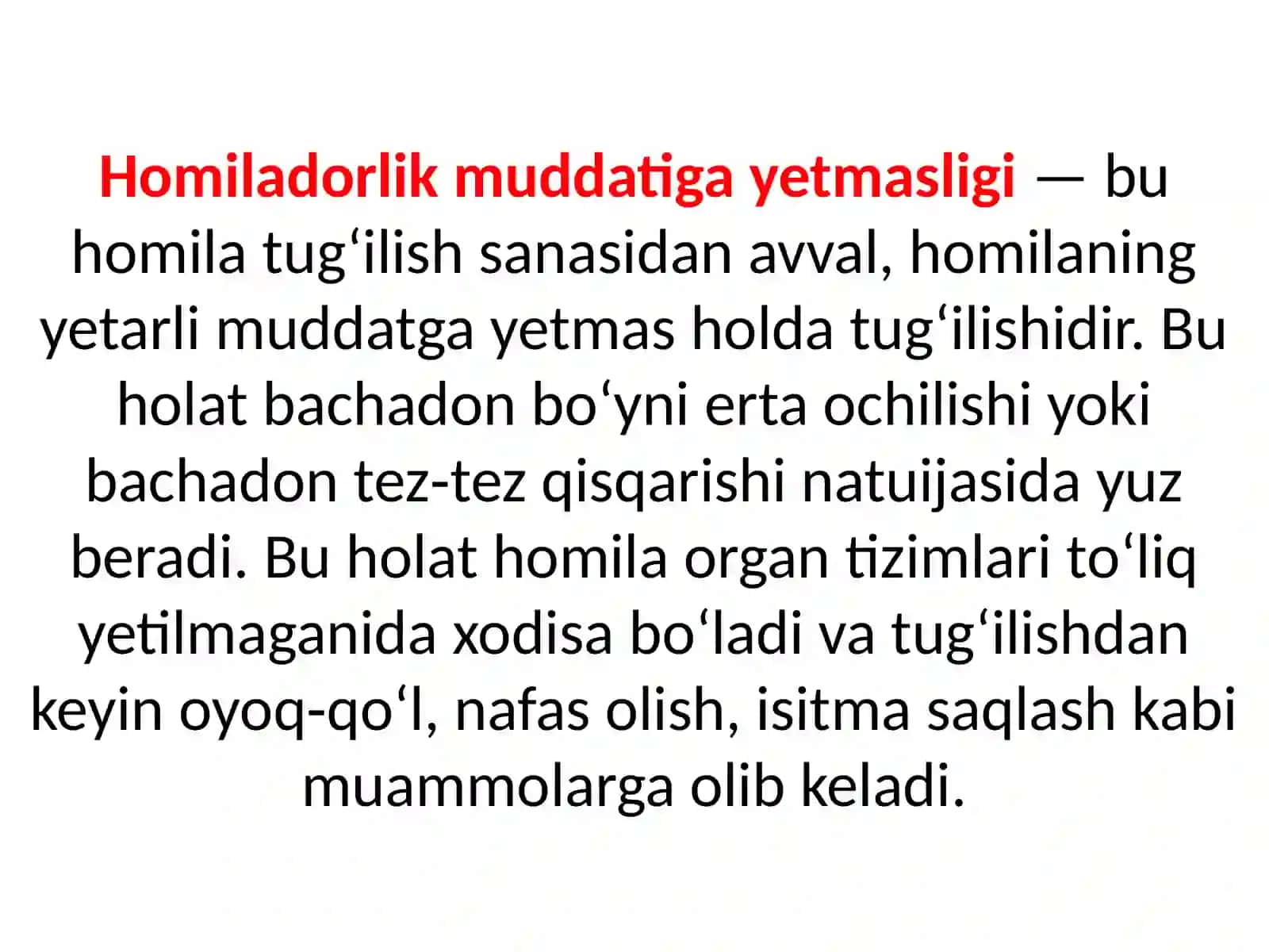 Homiladorlik muddatiga yetmasligi va muddatidan o‘tib ketishi tog'risidagi tushunchalar.Etiologiyasi,klinkasi,tashxislash.Tasnifi."Chin" va "Soxta" muddatidan o'tib ketgan homiladorlik tog'risida tushunchalar 2
