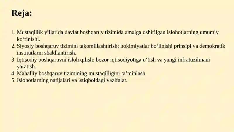 MUSTAQILLIK YILLARIDA DAVLAT BOSHQARUV TIZIMIDA AMALGA OSHIRILGAN ISLOHOTLAR 2
