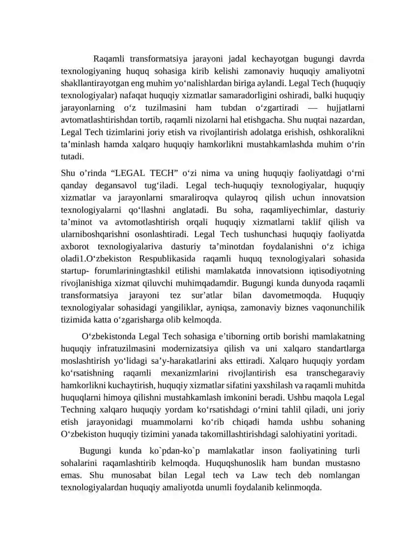 Legal Tech va xalqaro huquqiy yordam ko`rsatish jarayonlari 2