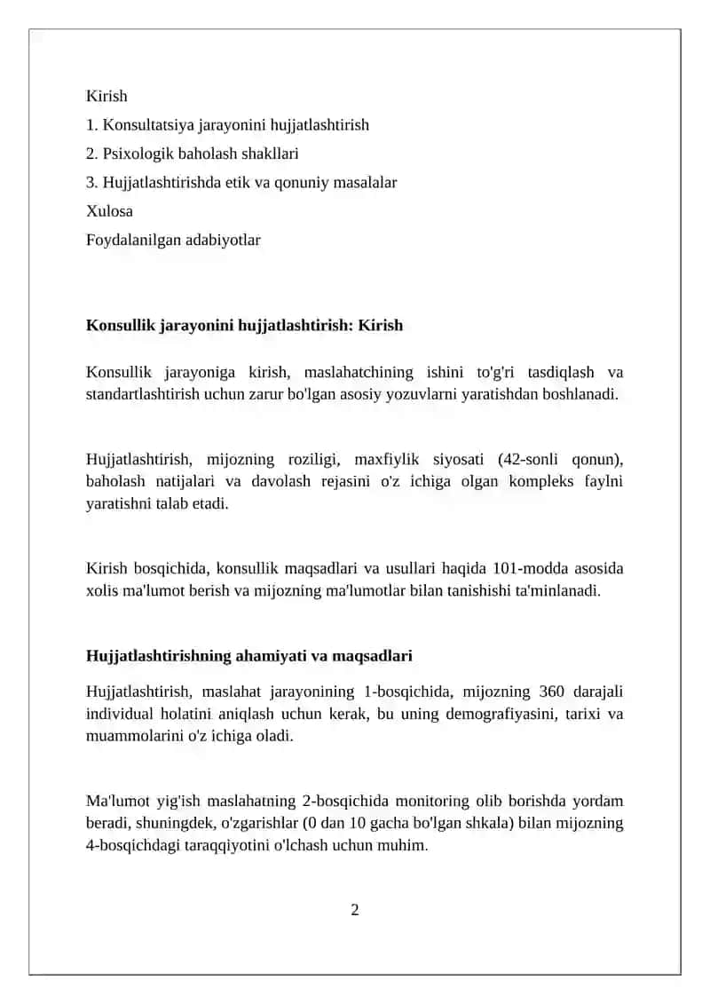 Referat: Maslahat jarayonini qayd qilish. Psixolog xulosa shakllari 2