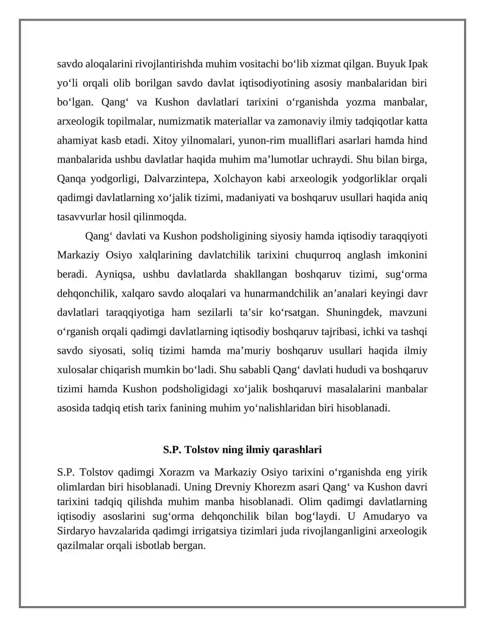 Qang‘ davlati hududi va boshqaruv tizimi. Kushon davlati (podsholigida) xo‘jalik boshqaruvi mavzusiga oid manbalar tahlili va adabiyotlar sharhini tayyorlash 2