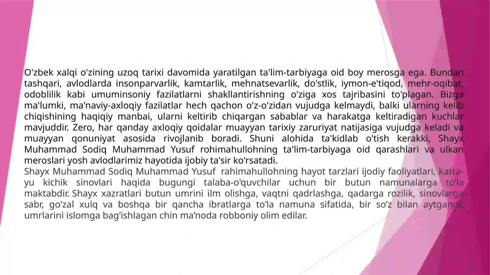 SHAYX MUHAMMAD SODIQ MUHAMMAD YUSUF ijodiy merosining ta’lim tarbiyaviy ahamiyati 2