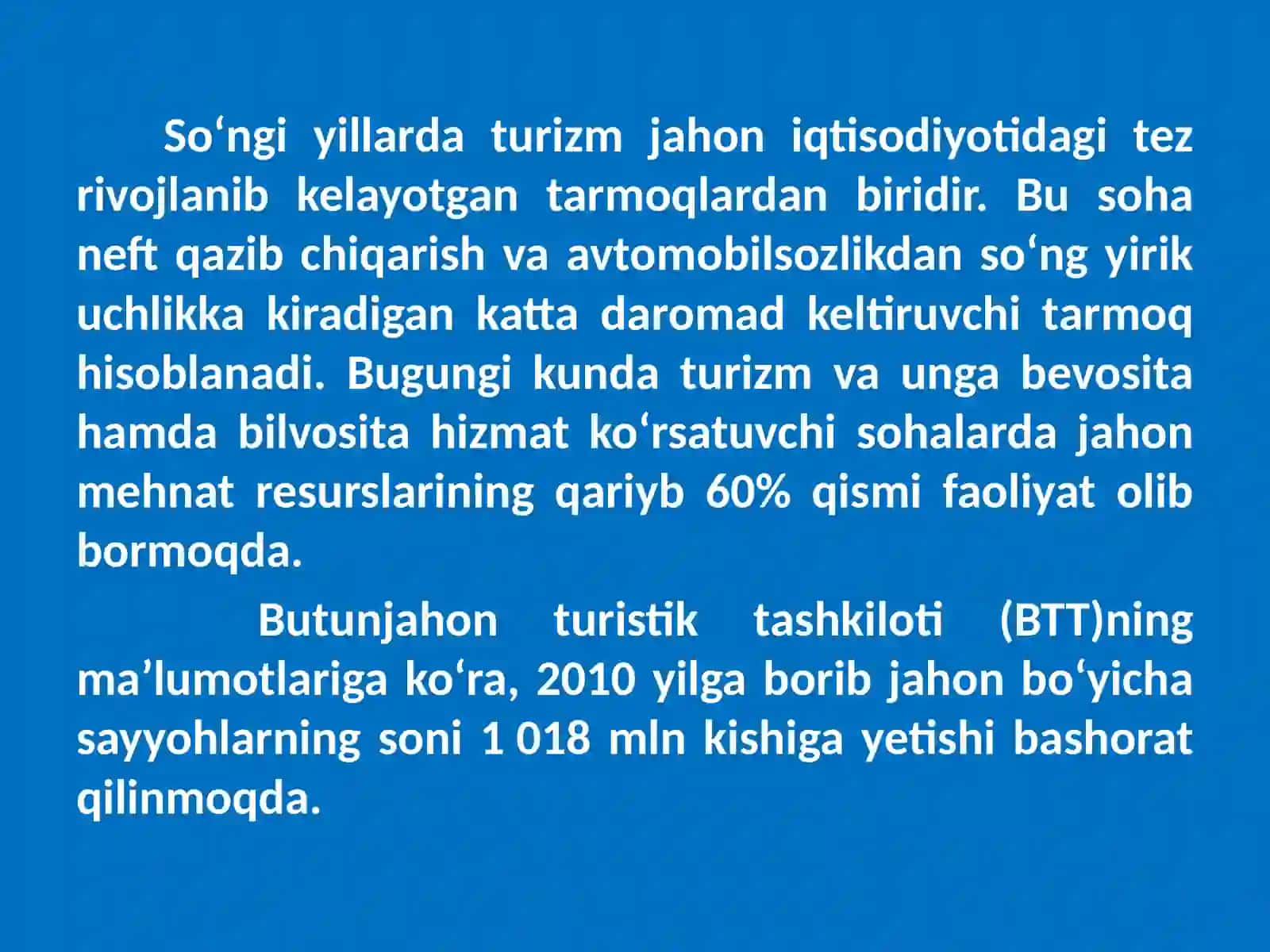 O‘ZBEKISTONDA TURIZMNI RIVOJLANTIRISHVA UNING ISTIQBOLLARI 2