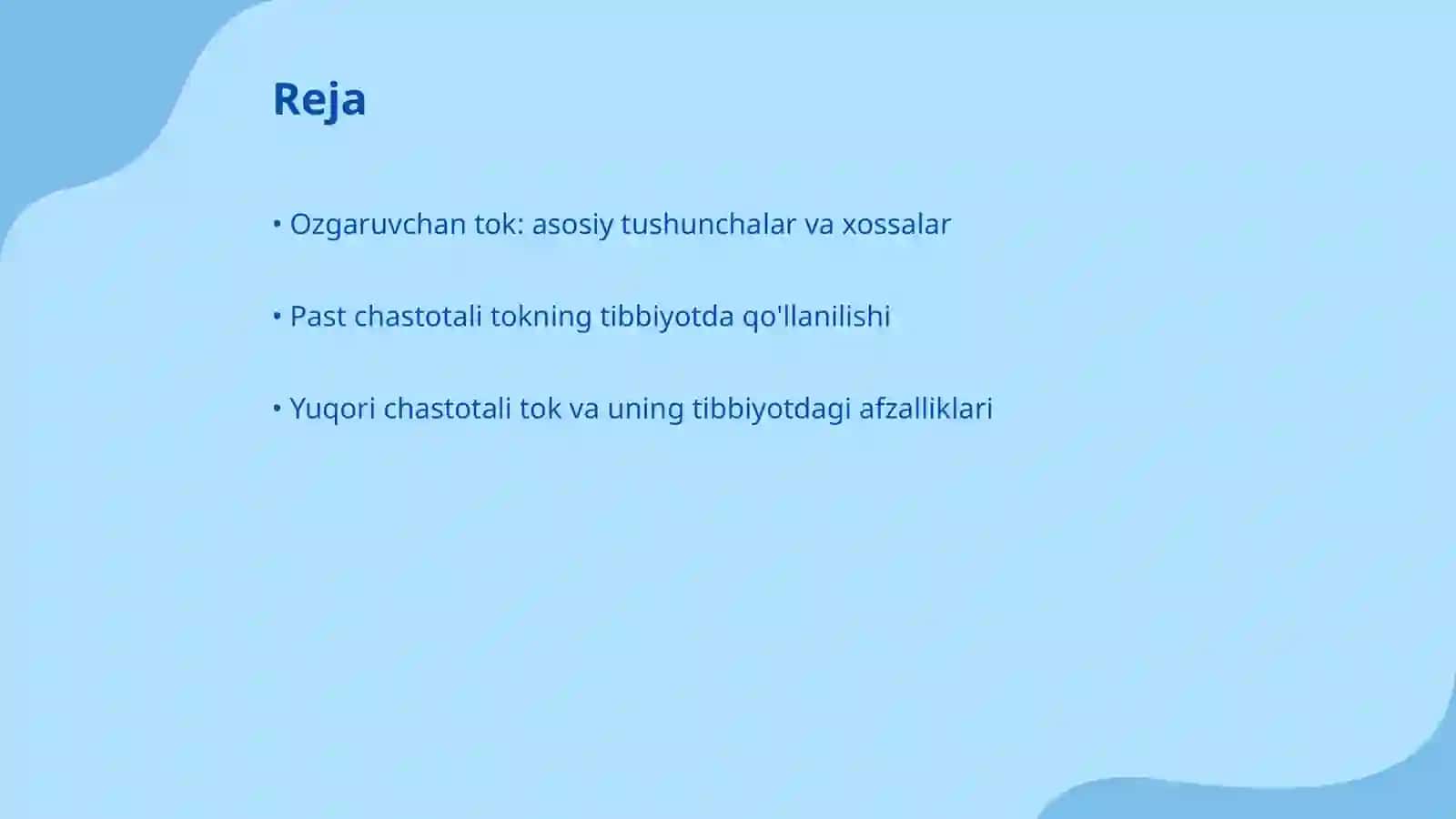 Ozgaruvchan tok va uning xossalari. Past va yuqori chastotali tokni tibbiyotdagi qollash usullari 2