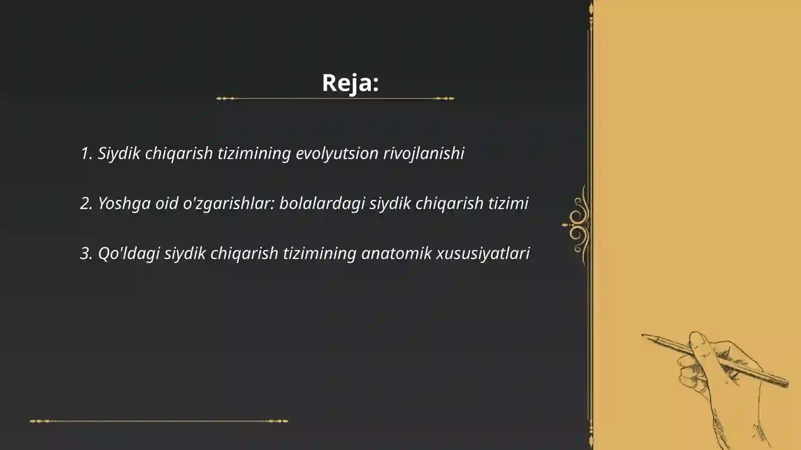Siydik chiqarish tizimining va kilinik anatomiyasi yoshga oid uzgarishlari ruvajlanish anamaliyalari Tanosil azolarning funiksianal va kilinik anatomiyasi 2
