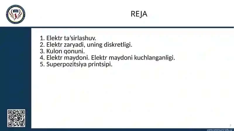 Elektr o‘zaro ta’sirlar. Elektr zaryadi, zaryadning diskretligi va uning saqlanish qonuni 2