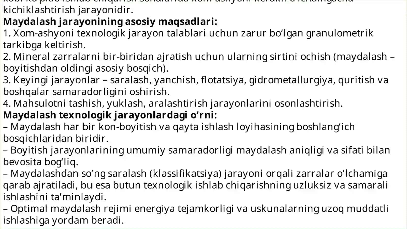 Maydalash va saralash jarayonlarining loyihadagi o‘rni 2
