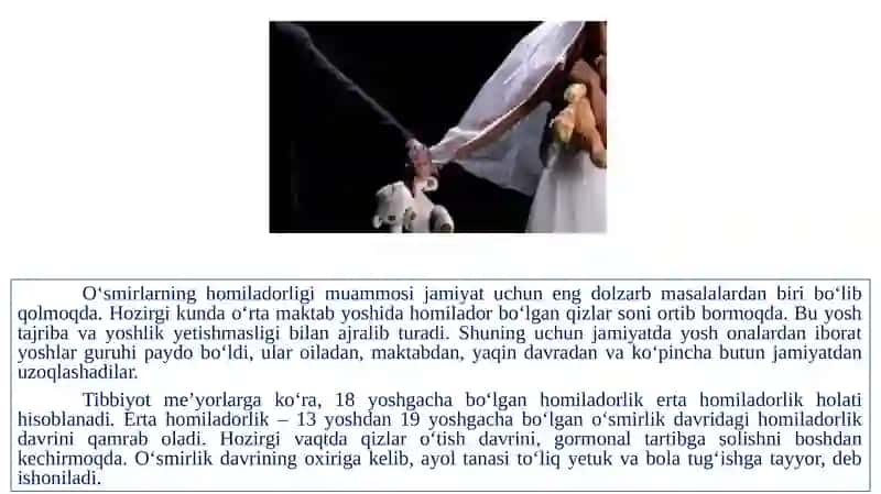 Voyaga yetmaganlar orasida erta homiladorlikning yuzaga kelishi va uning oldini olish 2
