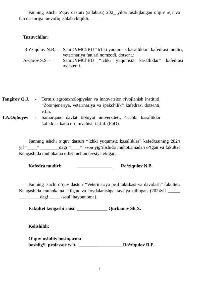 YOSH HAYVONLAR KASALLIKLARI ISHCHI OʻQUV DASTURI (SILLABUSI) 2