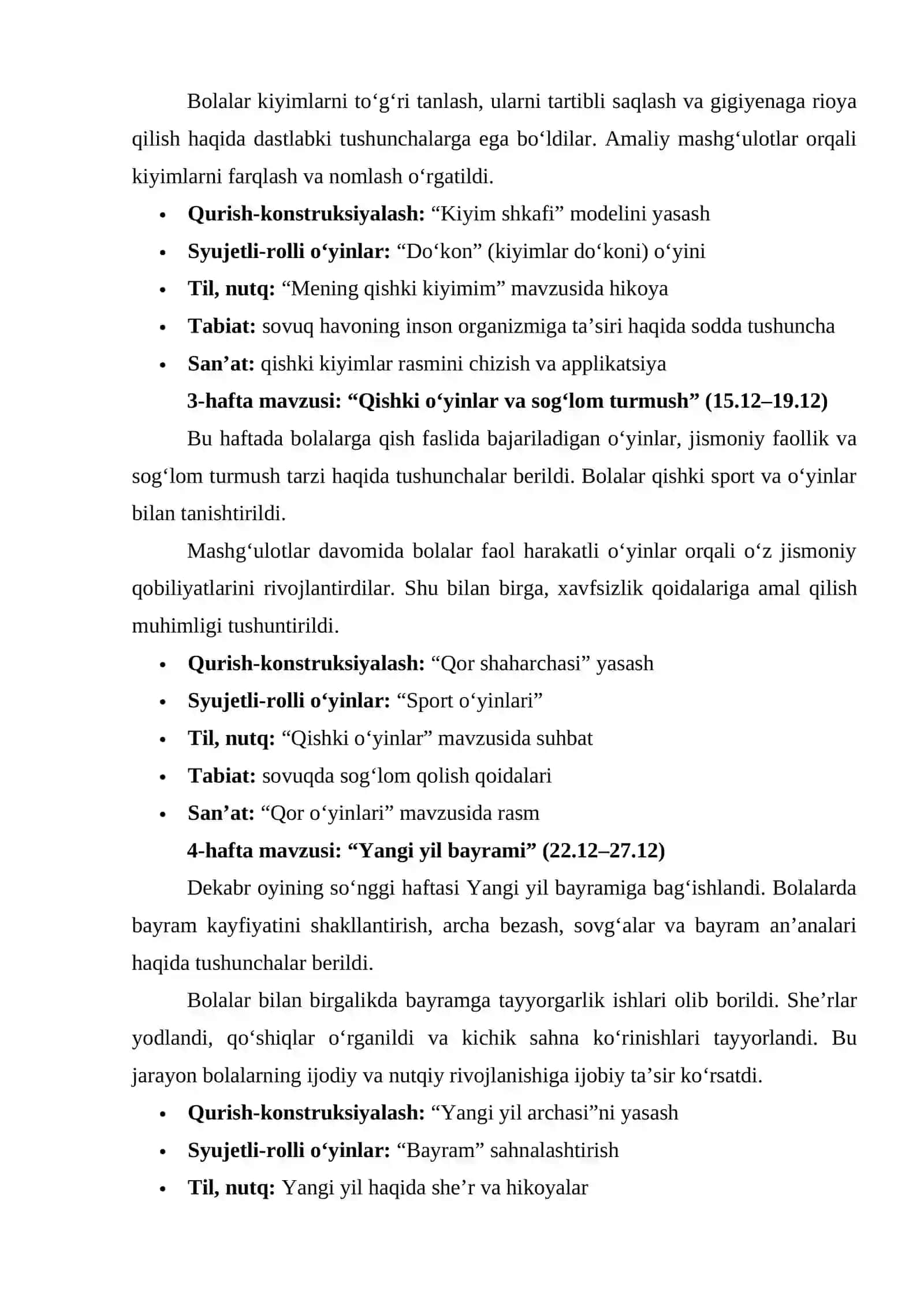 Maktabgacha ta'lim tarbiyachisi uchun dekabr hisoboti 2