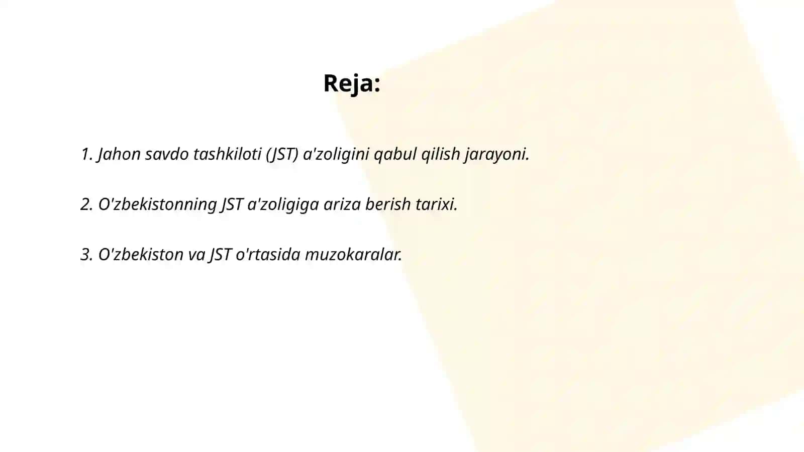 Oʻzbekiston respublikasining butunjahon savdo tashkilotiga aʼzo boʻlib kirishni belgilovchi shart sharoitlar 2