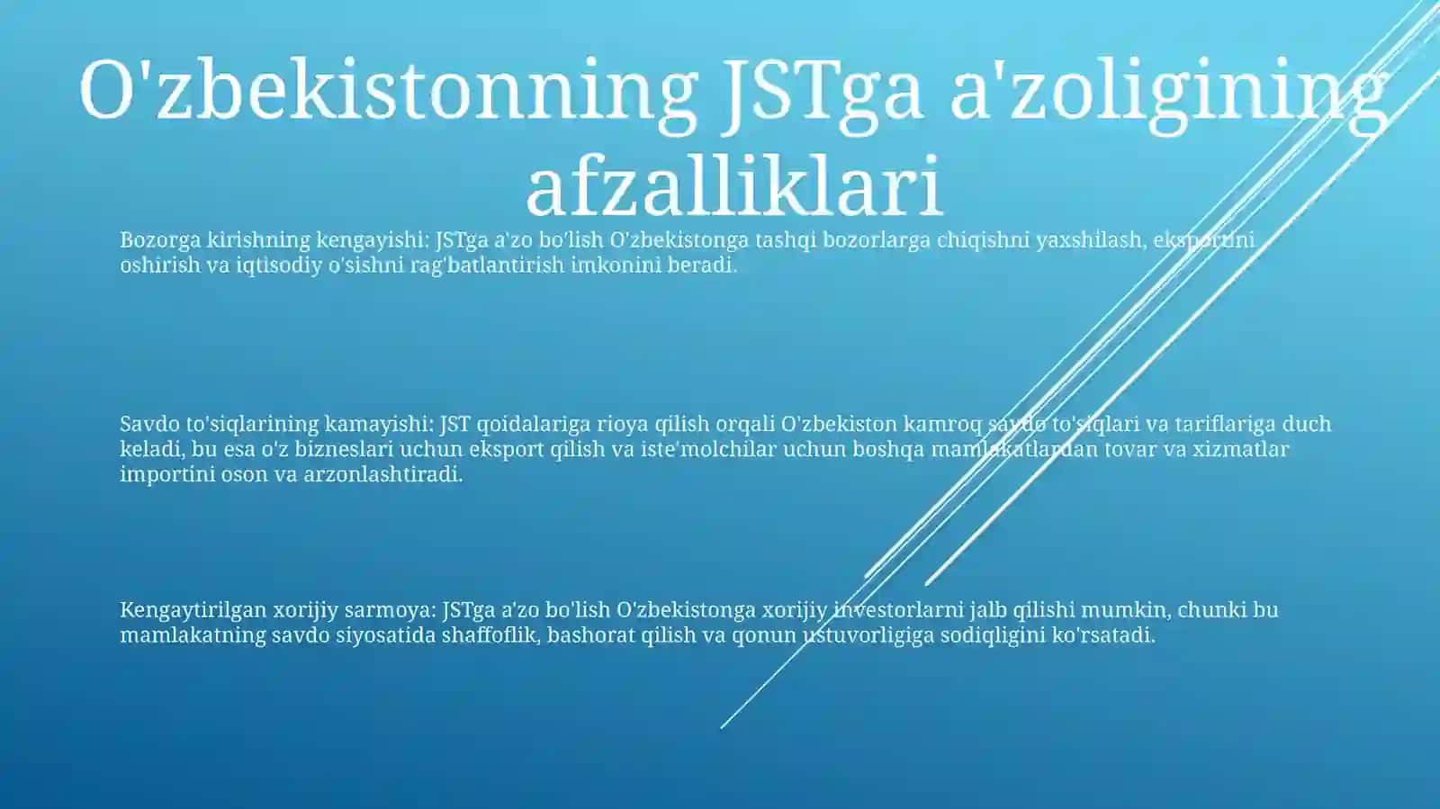 O'Zbekistonning Jahon Savdo Tashkilotiga A'Zo Bo'Lish Istiqbollari(Foyda) Va Muammolari(Zararlari) 2