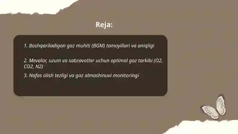 Meva, uzum va sabzavotlarni boshqariladigan gaz muhiti sharoitida saqlash 2