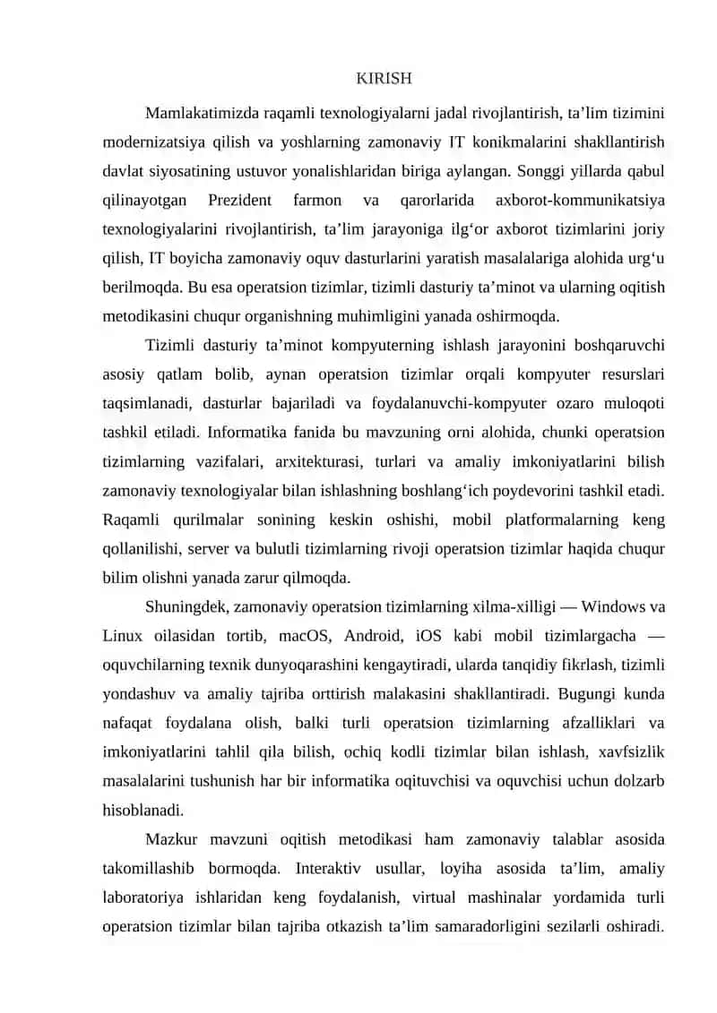 Tizimli dasturiy ta’minot. Operasion tizimlar va ularning turlari. Zamonaviy operatsion tizmlar mavzusini oqitish metodikasi. 2