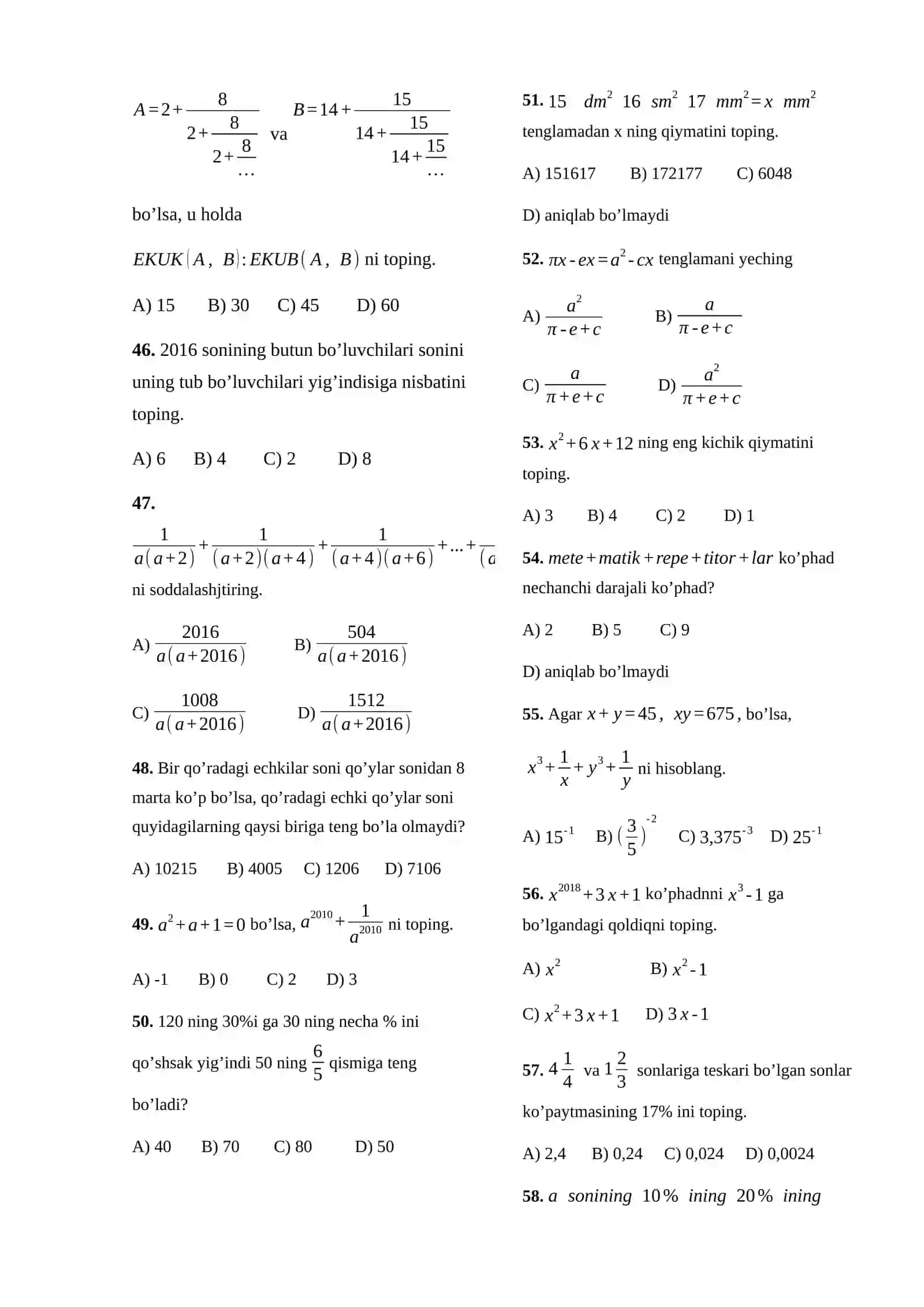 DTM 01-matematika Savollari 2