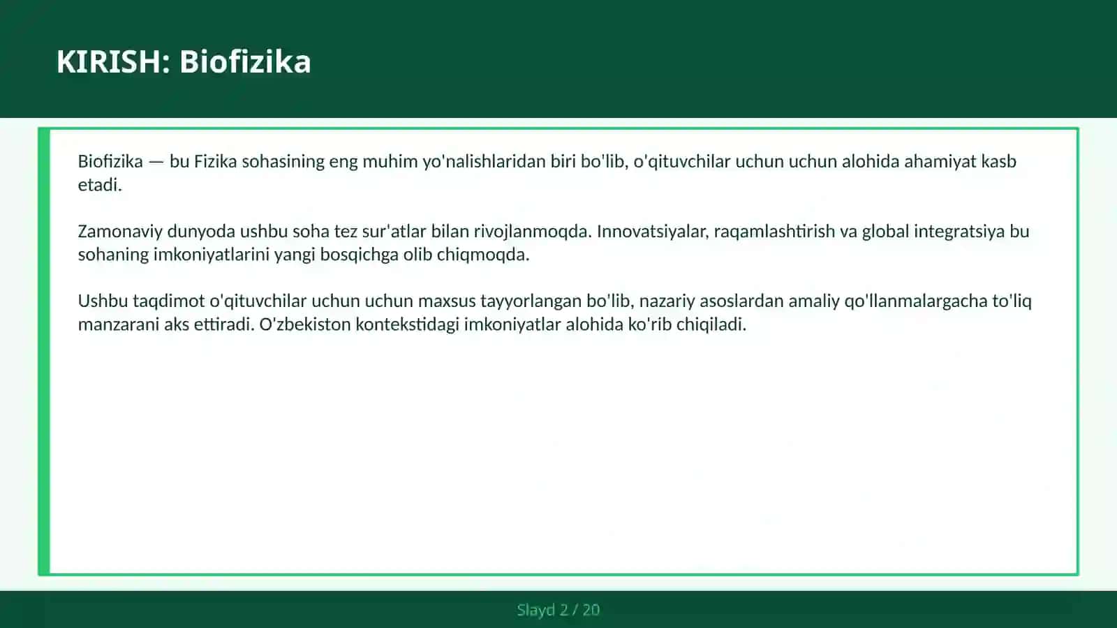 BIOFIZIKA Membrana DNK — o'qituvchilar uchun 2030 kelajak yili 85% samaradorlik $1T+ global bozor O'zbekiston | Bilim va Kelajak | 2025 KIRISH 2