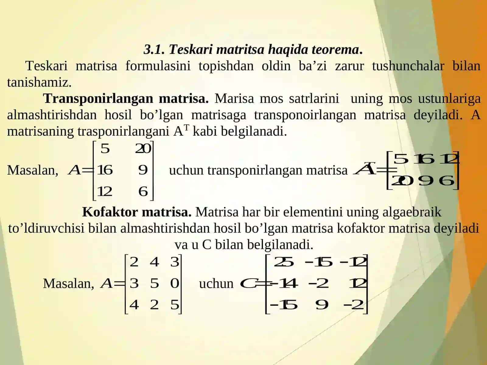 TESKARI MATRITSA VA MATRITSANING RANGI 2