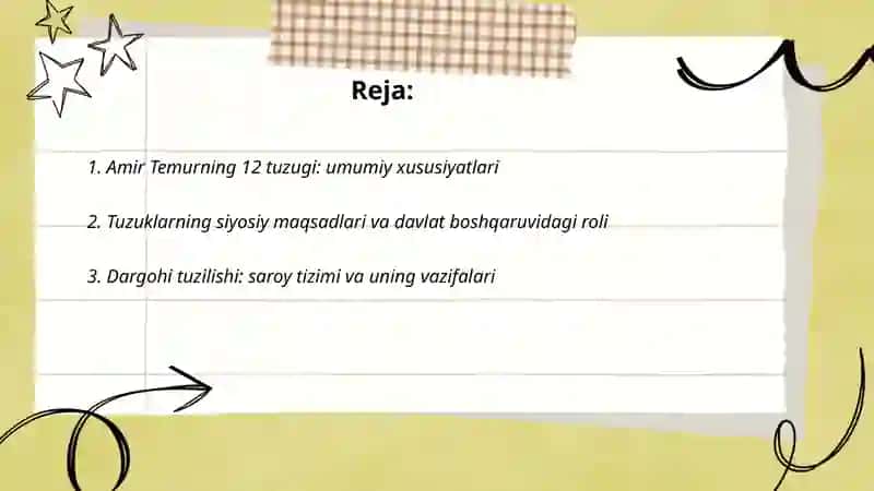 Amir Temurning el-yurtni o'z tasarrufi va itoatida tutish uchun tuzgan 12 tuzugi 2