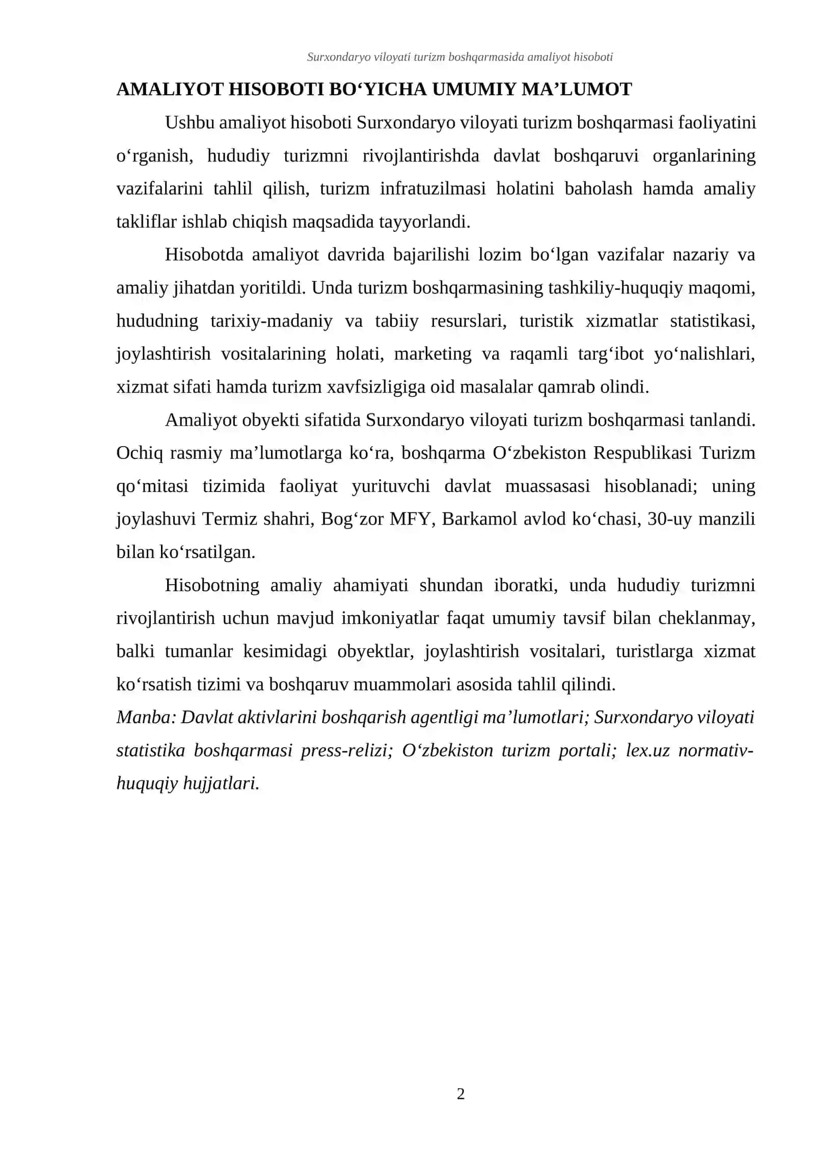 Surxondaryo viloyati turizm boshqarmasi faoliyati va hududiy turizmni rivojlantirish mexanizmlari 2