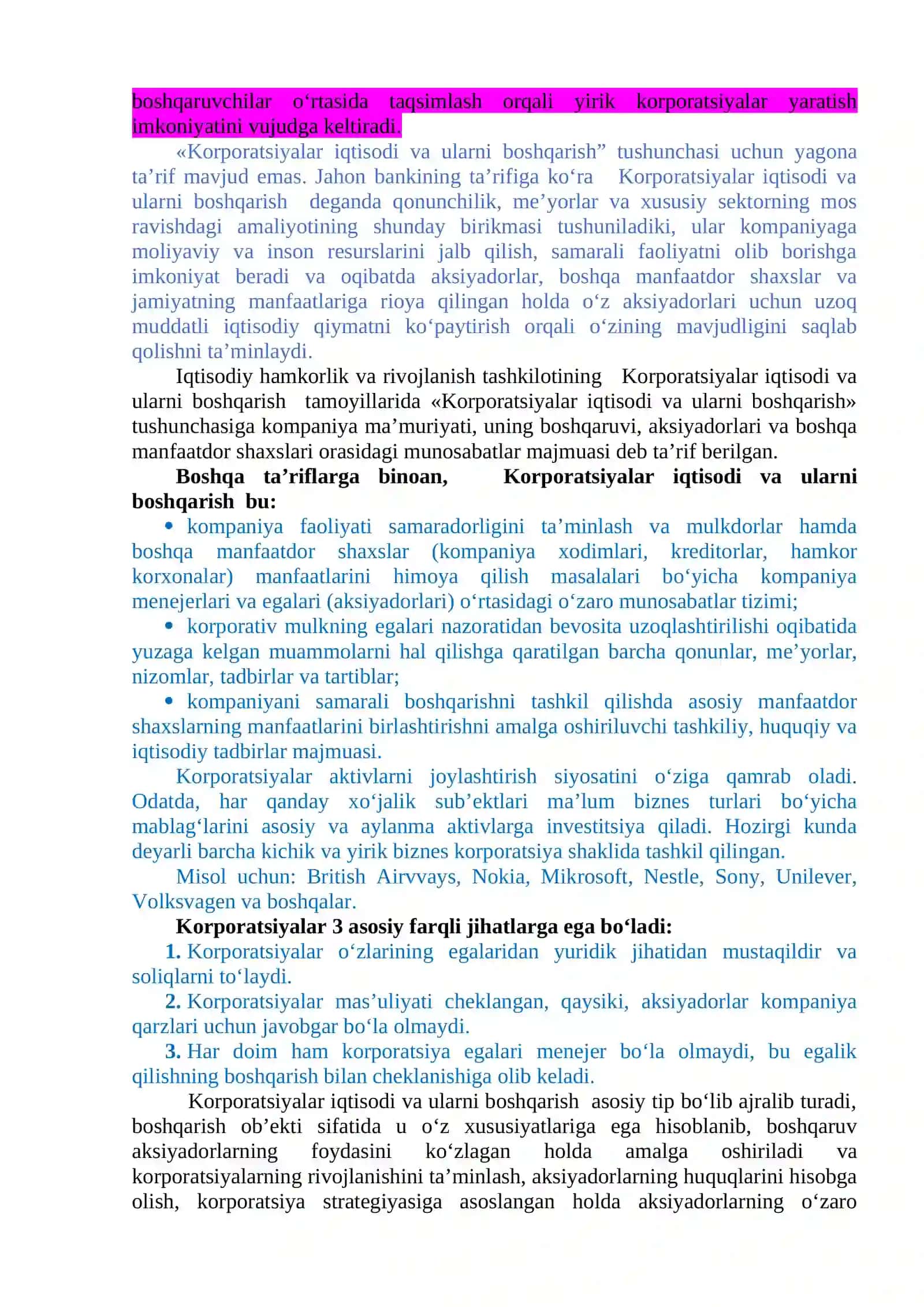 Korporatsiyalar iqtisodi va ularni boshqarish 2