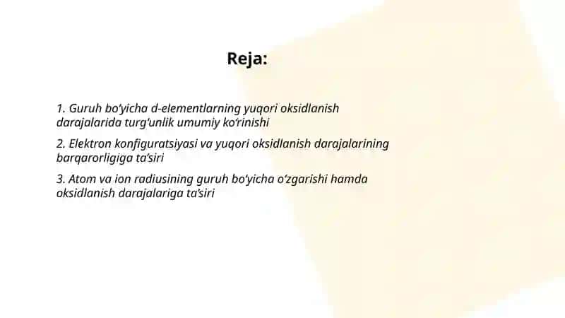 d-elementlarning atomlarining yuqori oksidlanish darajasidagi birikmalar turg unligining guruhlarda o'zgarishi 2