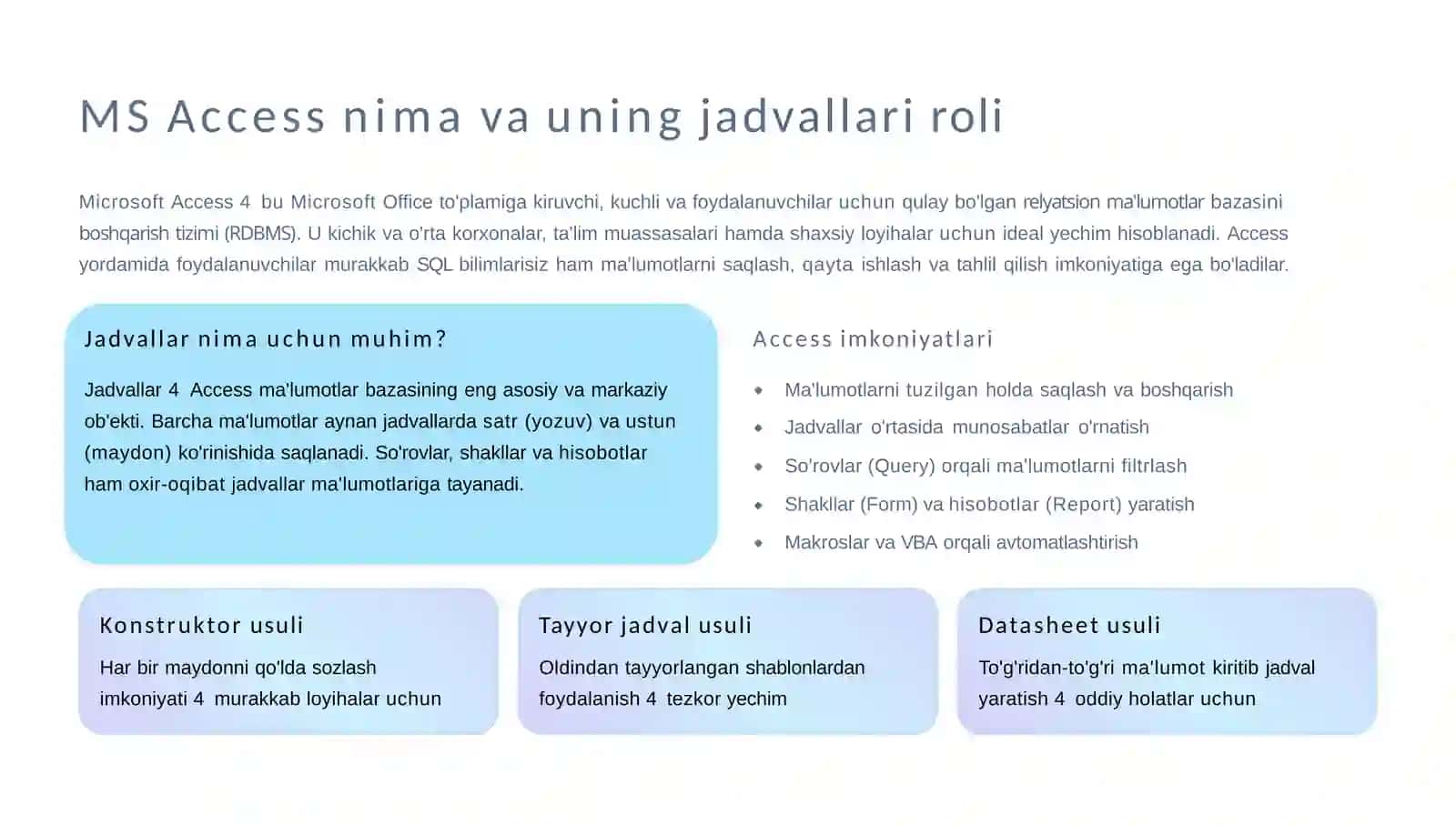 MSAccessda Jadval Yaratish: Konstruktor va Tayyor Jadvaldan Foydalanish 2