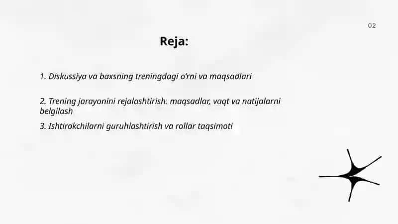 Diskussiya-Baxs munozara. (Trening jarayonini olib borish usullari) 2