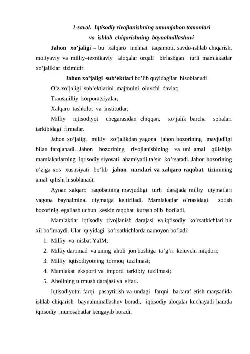 Jahon xo’jaligi va uning evolyutsiyasi 2