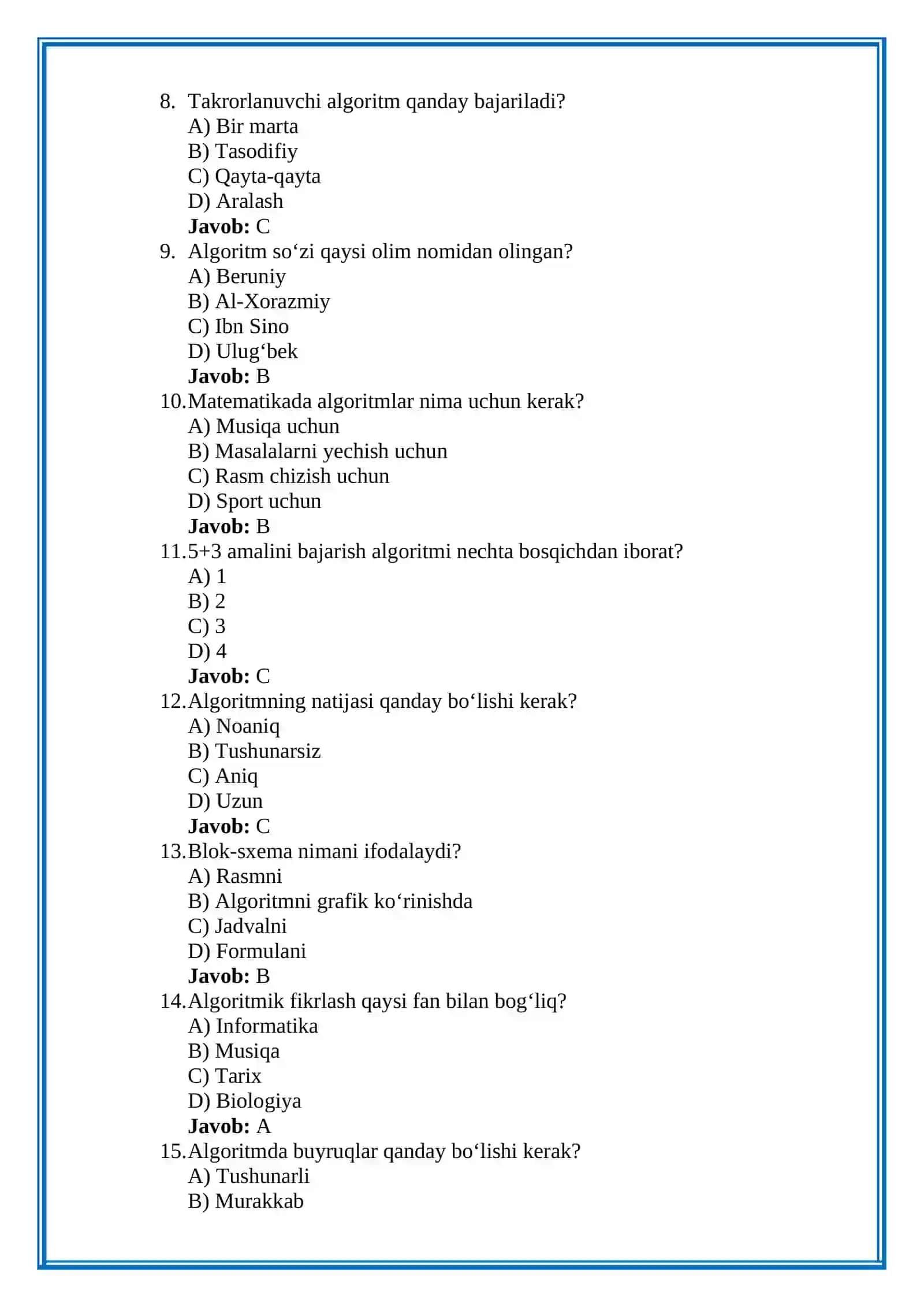 Matematika darslarida algoritmik fikrlashni shakllantirish mavzusiga 50 ta test 2