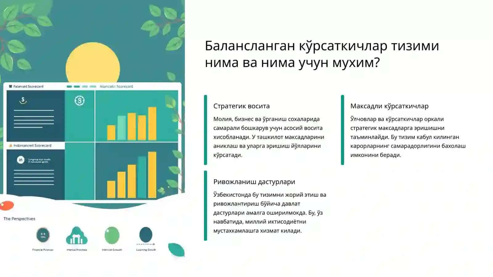 Балансланганкўрсаткичлар тизимининг прогнозлари: молия мижозлар, ички бизнес жараёнлари, ўрганиш ва ўсиш 2