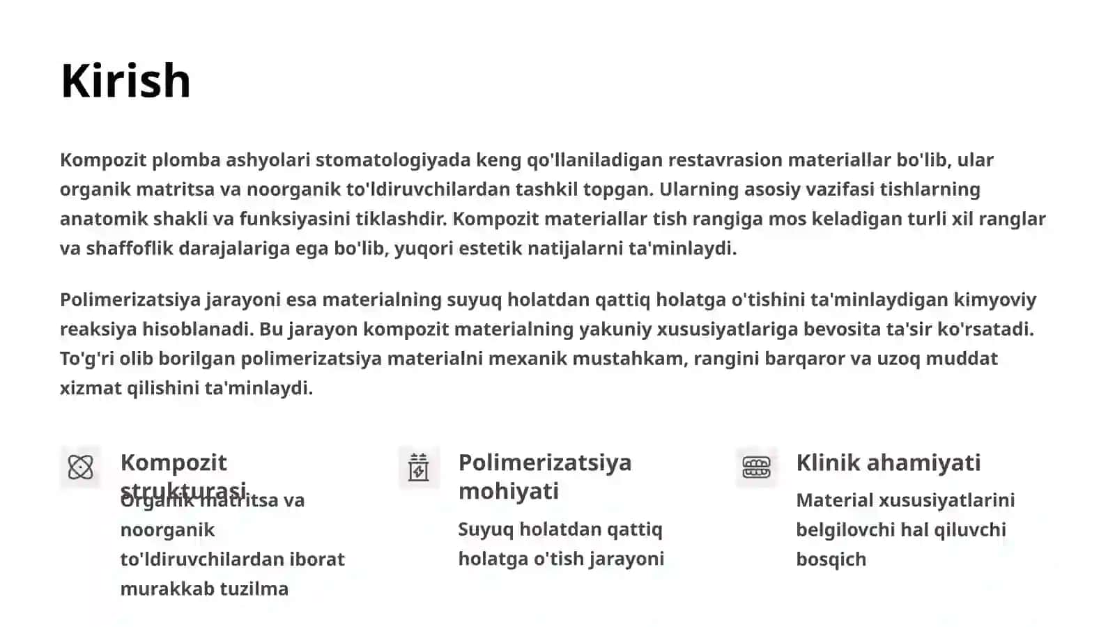 Kimyoviy va nur bilan qotuvchi kompozitlarning polimerizatsiya bosqichining o'ziga xos tomonlari 2