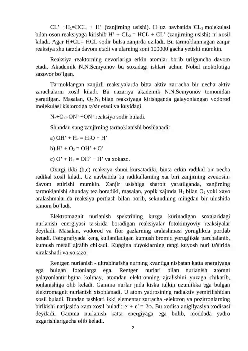 Zanjirli va fotokimyoviy reaksiyalar 2
