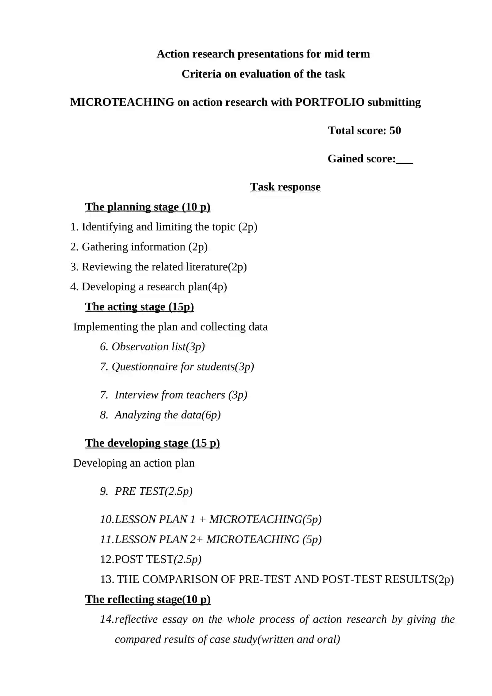 Chet tillarini oʻqitishning integrallashgan kursi fanidam mid-term action research 2
