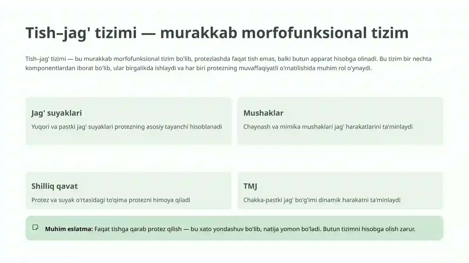 Protezlashga bog'liq tish–jag' tizimining anatomik va fiziologik xususiyatlari 2