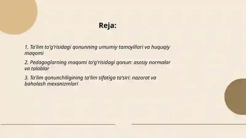 Ozbekiston Respublikasining talim sohasidagi qonun hujjatlarini organish 2