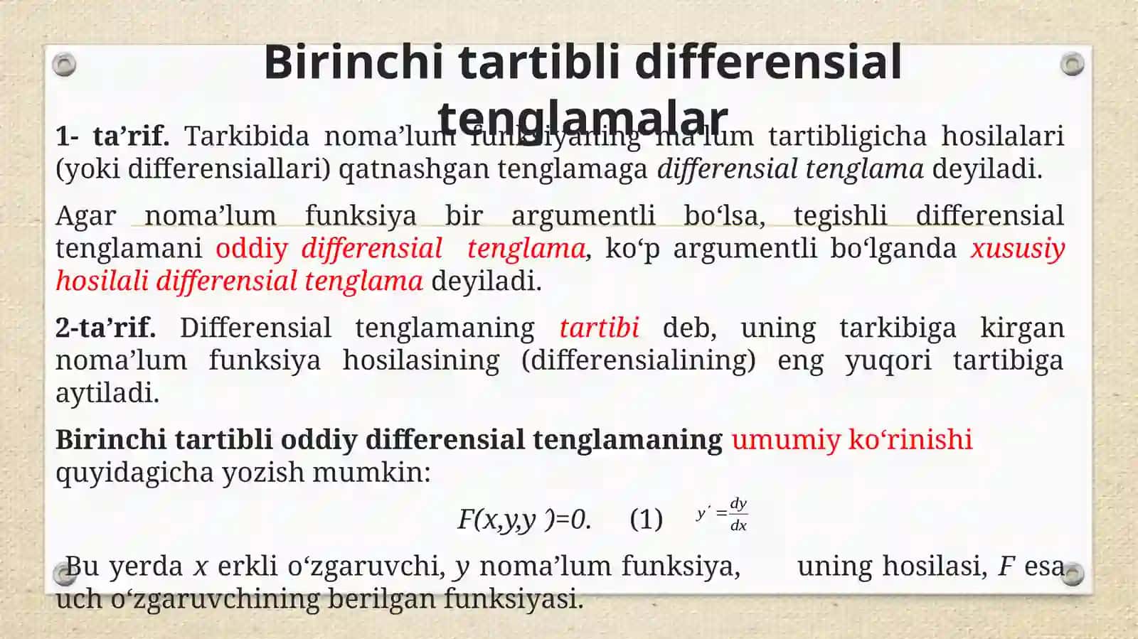 Birinchi tartibli differensial tenglamalar: o’zgaruvchilari ajraladigan differensial tenglamalar 2