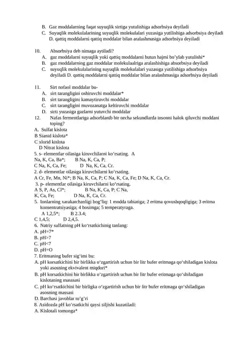 Yakuniy nazorat uchun testlar kimyodan 2