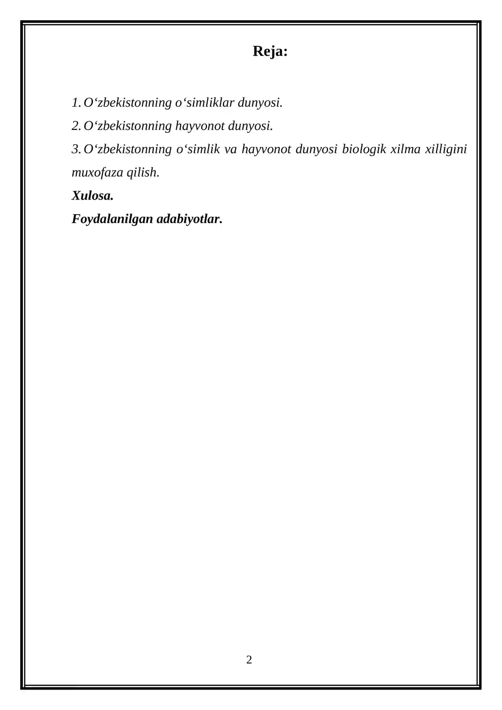 O‘ZBEKISTONNING O‘SIMLIK VA HAYVONOT DUNYOSI BIOLOGIK XILMA XILLIGINI MUHOFAZA QILISH 2