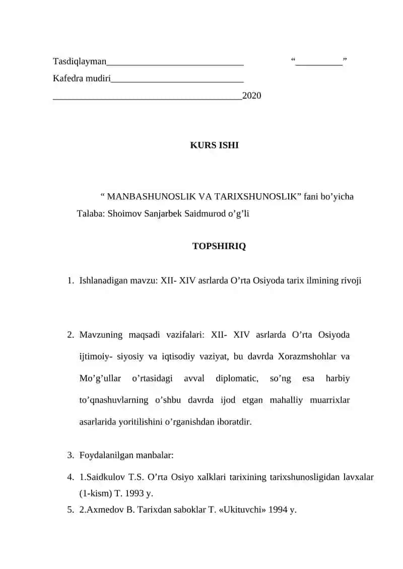"MANBASHUNOSLIK VA TARIXSHUNOSLIK" KURS ISHISI 2