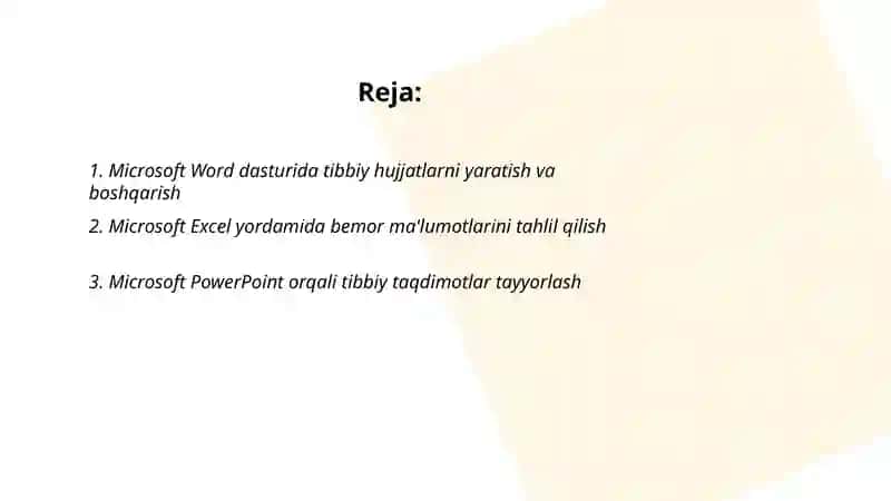 Tibbiyotda kasbiy faoliyatni tashkil etishda Microsoft Office dasturlar paketidan foydalanish 2