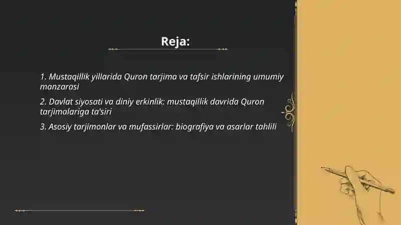 Mustaqillik yillarida Quronning oʻzbek tiliga tarjima qilinishi va tavsirlari haqida taqdimot tayyorlash 2