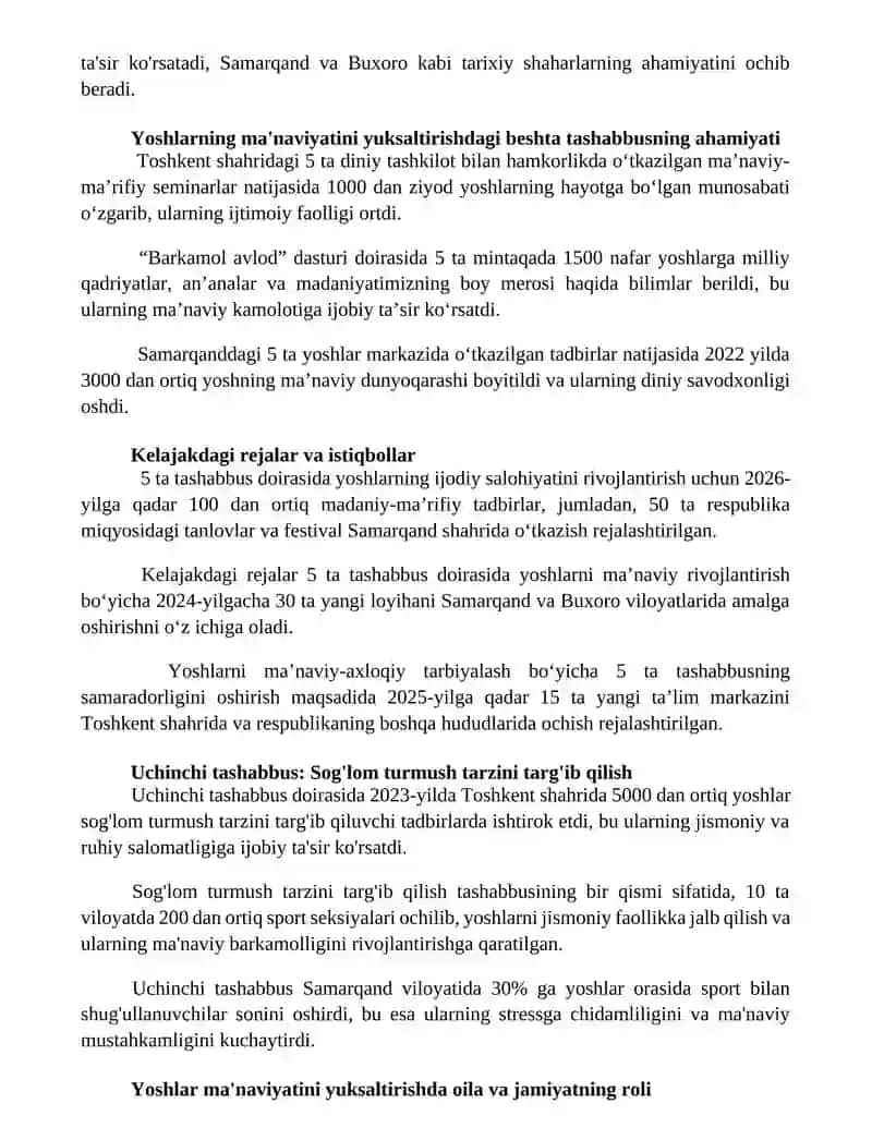 Beshta tashabbusning yoshlar manaviyatini yuksaltirishdagi o’rni 2