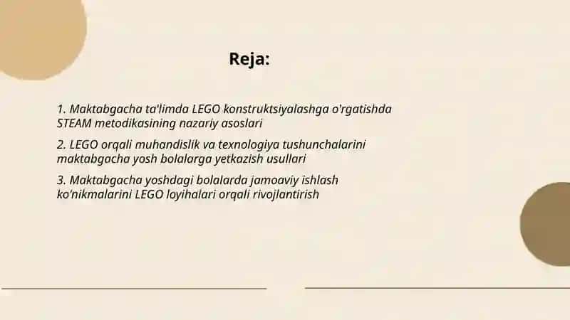 Maktabgacha ta'limda lego qurilish konstruksiyalashga õrgatishda STEAM ta'lim texnologiyasidan foydalanish 2