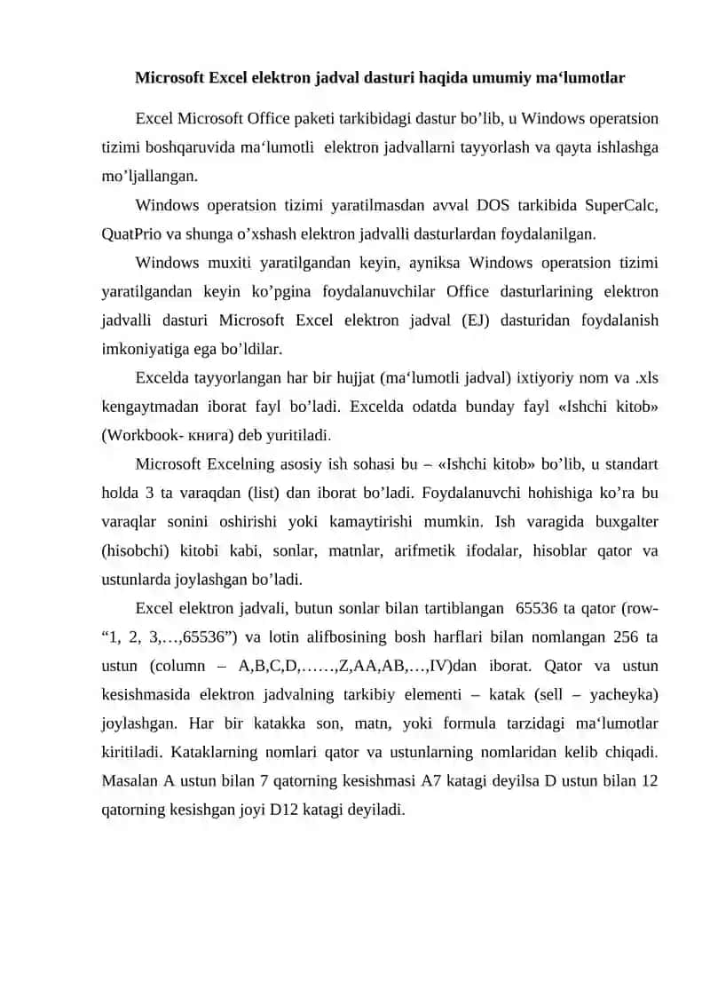 Excel elektron jadvali va uning imkoniyatlari 2