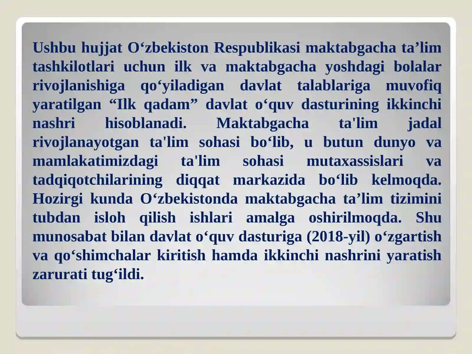 Takomillashtirilgan “Ilk qadam”davlat o’quv dasturi asosida maktabgacha ta’lim tashkilotlarida faoliyat markazlarida ta’lim jarayonlarini tashkil qilish 2