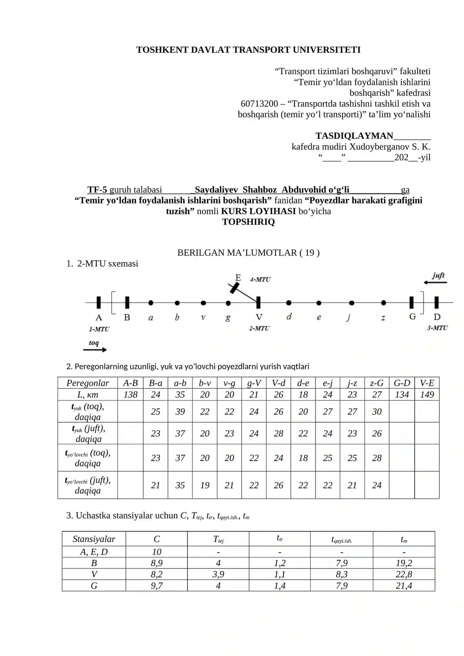 Poyezdlar harakati grafigini tuzish KURS LOYIHASI 2