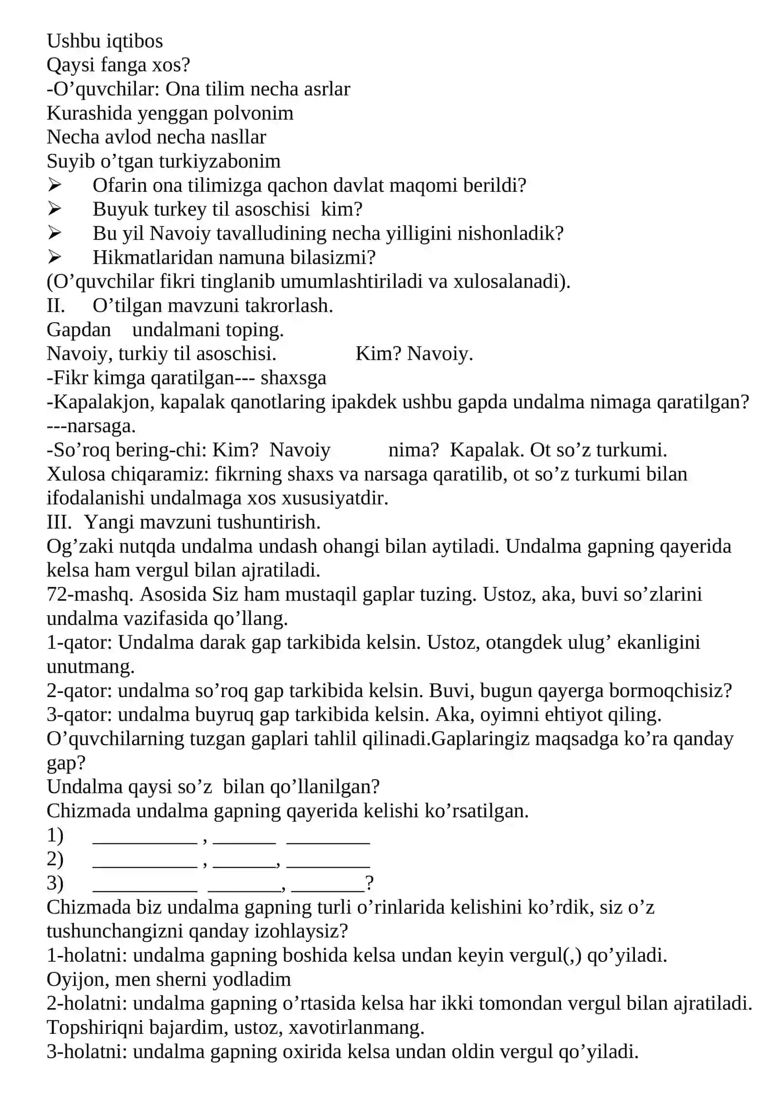 4-sinf Ona tili Undalmali gaplarda tinish belgilarining ishlatilishi dars ishlanma 2
